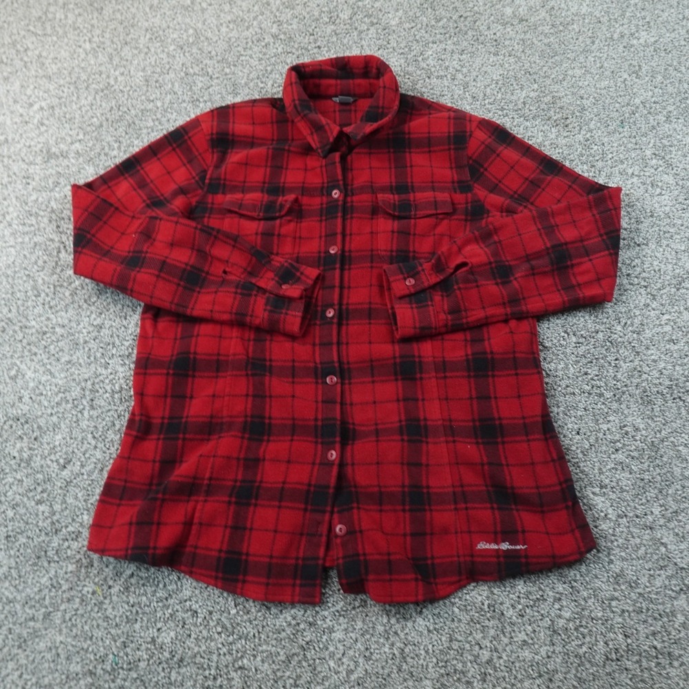 Eddie Bauer Shirt Womens L Red Black Plaid Fleece Button Up Shacket Jacket Hking